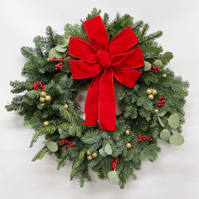 Natural Fresh Evergreens and Dried Flower Holiday Gold Balls, Red Berries, Eucalyptus, Cedar, and Red Velvet Bow Wreath