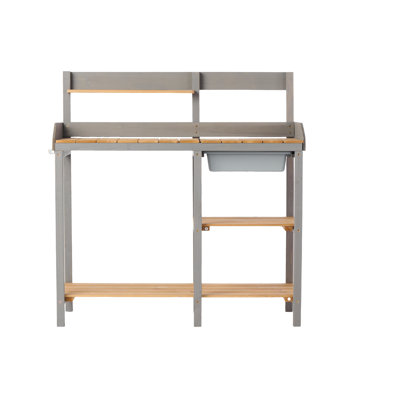 Table de poste de travail pour cour arrière, banc extérieur en bois avec armoire, espace de travail spacieux, construction en bois, style brun gris pour le jardin, surface de travail généreuse, bois, gris et couleur