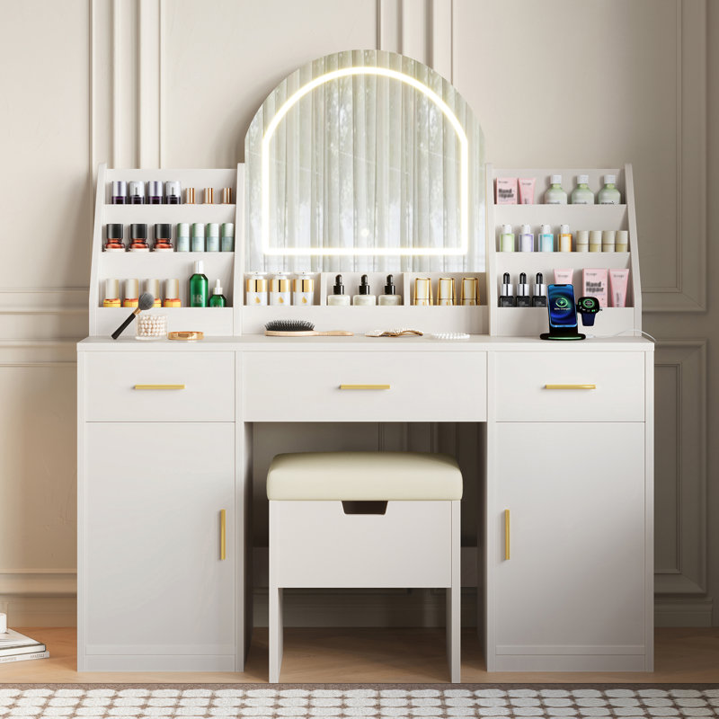 Coiffeuse de maquillage avec miroir, station de charge et tabouret de rangement