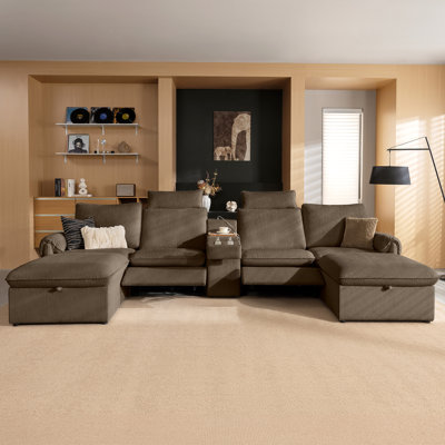 Modular Reclining Sectional Sofa with Console & 2 Ottomans, U-Shape Corduroy Sofa with USB Charging, Cup Holders & Storage, Brown