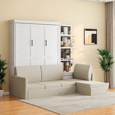 Murphy Bed With Sectional Sofa And Reversible Storage Shelves, Queen Size