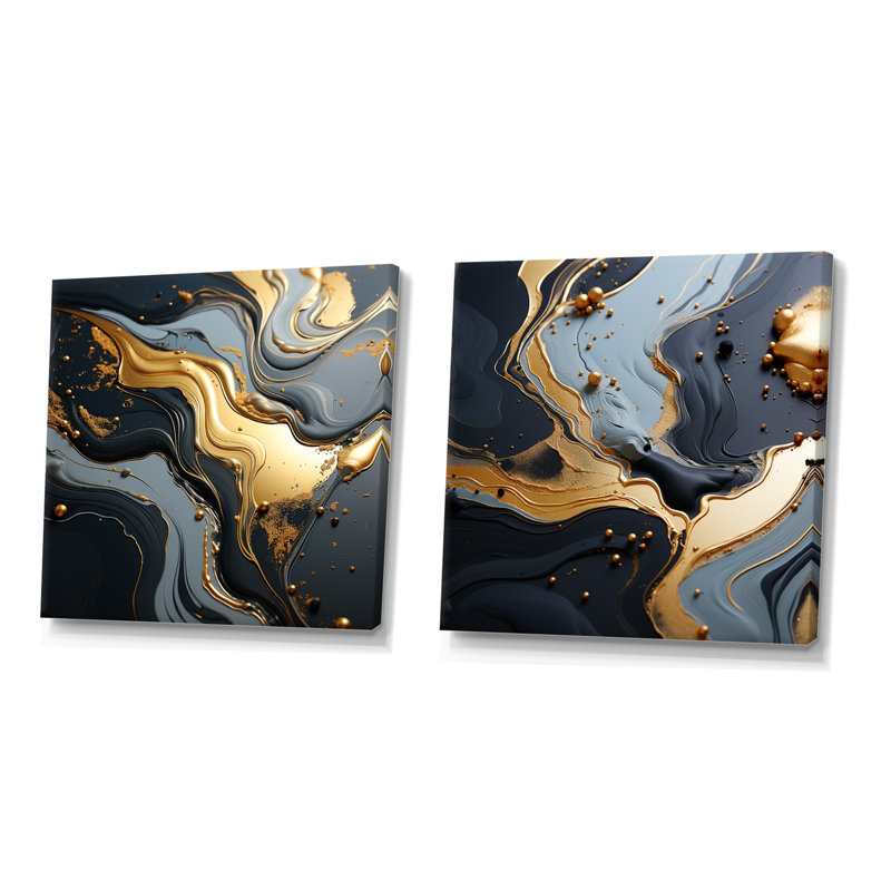 Or et gris Volcano Fusion I - Ensemble de 2 reproductions de toiles abstraites en marbre, Toile tendue
