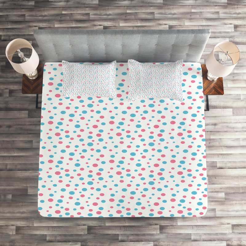Farmhouse / Country Polyester Dots Coverlet, Queen Bedspread + 2 King Shams, Pink/Blue Dots