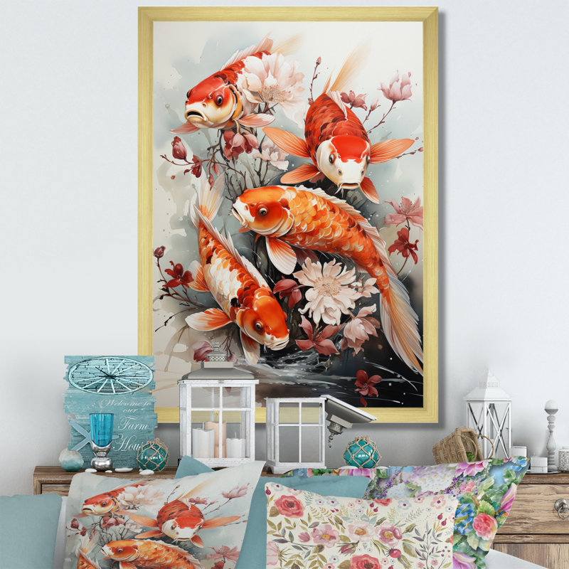 Pêche, pêche d'art contemporain Koi, H 44 po x l 34 po x P 1,5 po, Encadrement doré