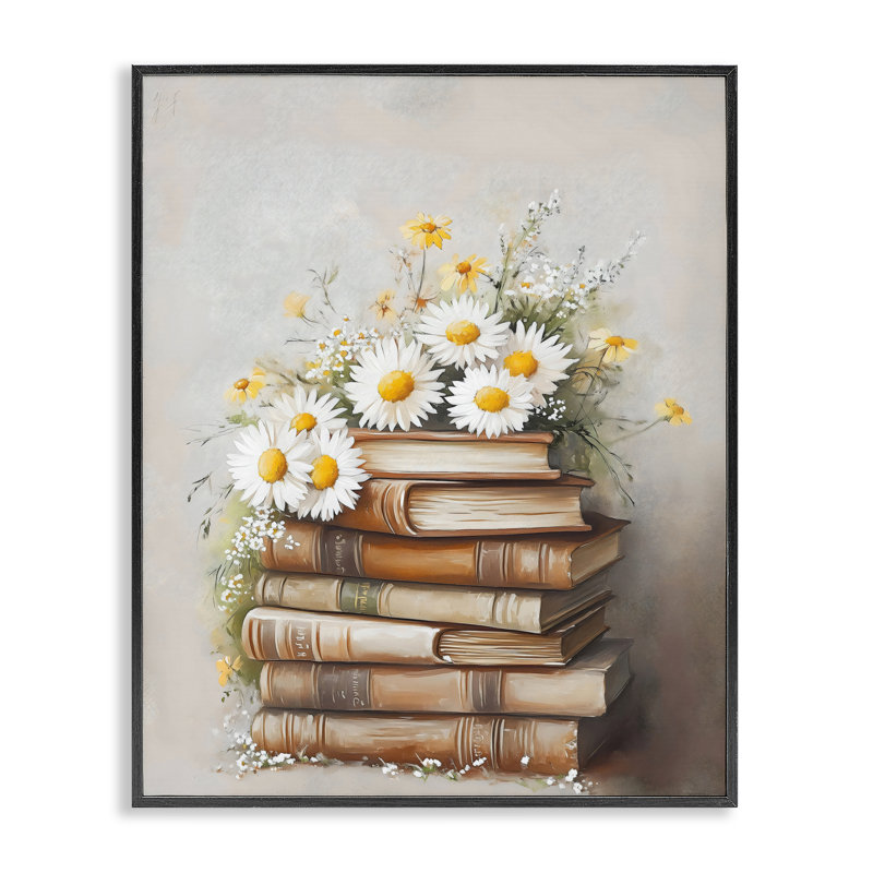 Pile de livres avec marguerites, estampe numérique, design par Arlington Prints, H 14 po x l 11 po