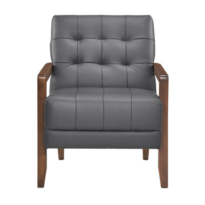 Dark Gray Leather Accent Chair With Detail, Plywood Construction, And Walnut Finish Legs Arms Contemporary In 100% Leather, Frame, Arm, Leg, , Seat, Arm