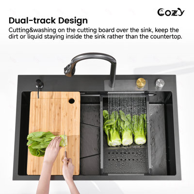 Évier de cuisine en cascade, cuve simple en acier inoxydable noire, poste de travail multifonctionnel avec robinet de pluie et planche à découper, évier simple en acier inoxydable 33 x 22 po