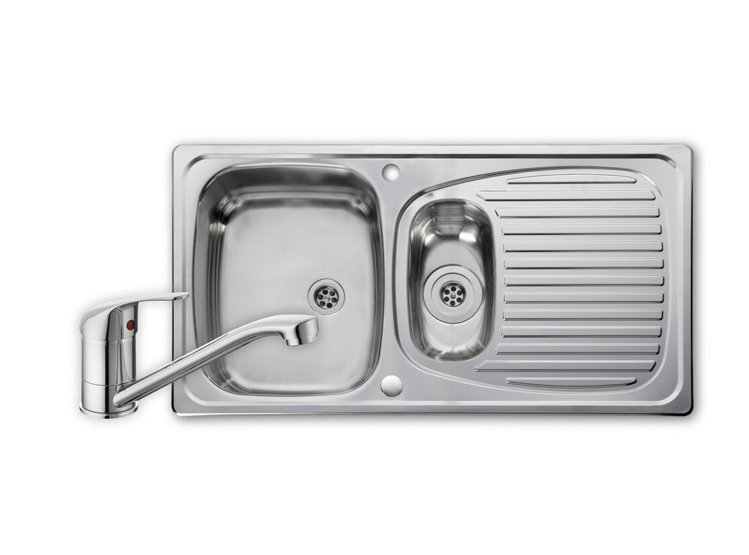 Euroline 950 x 508mm stainless steel 1.5 bowl inset sink, waste and tap pack
