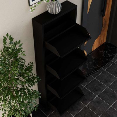 Modern Black Shoe Cabinet, 100% Metal, 19.7 x 53.5 x 5.9 inches | 0.7 mm Thickness, Wall-Mountable, Centrally Opening Doors with Magnetic Holders | Stylish & Space-Saving Storage Solution for Entryway