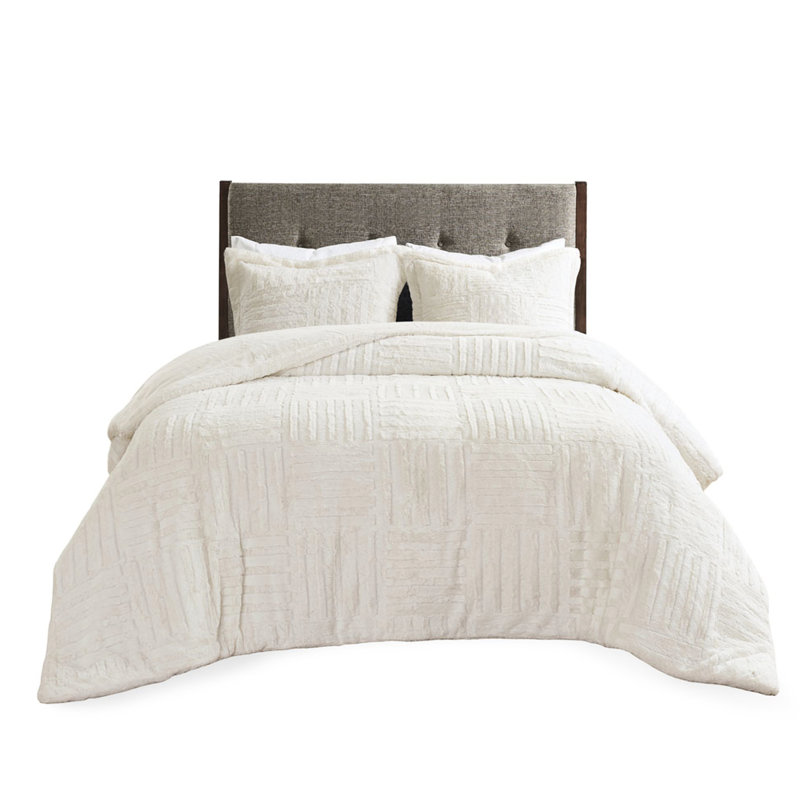 Édredon en fausse fourrure simple damier lavable à la machine et 2 taies décoratives chaudes, Ivoire ivoire