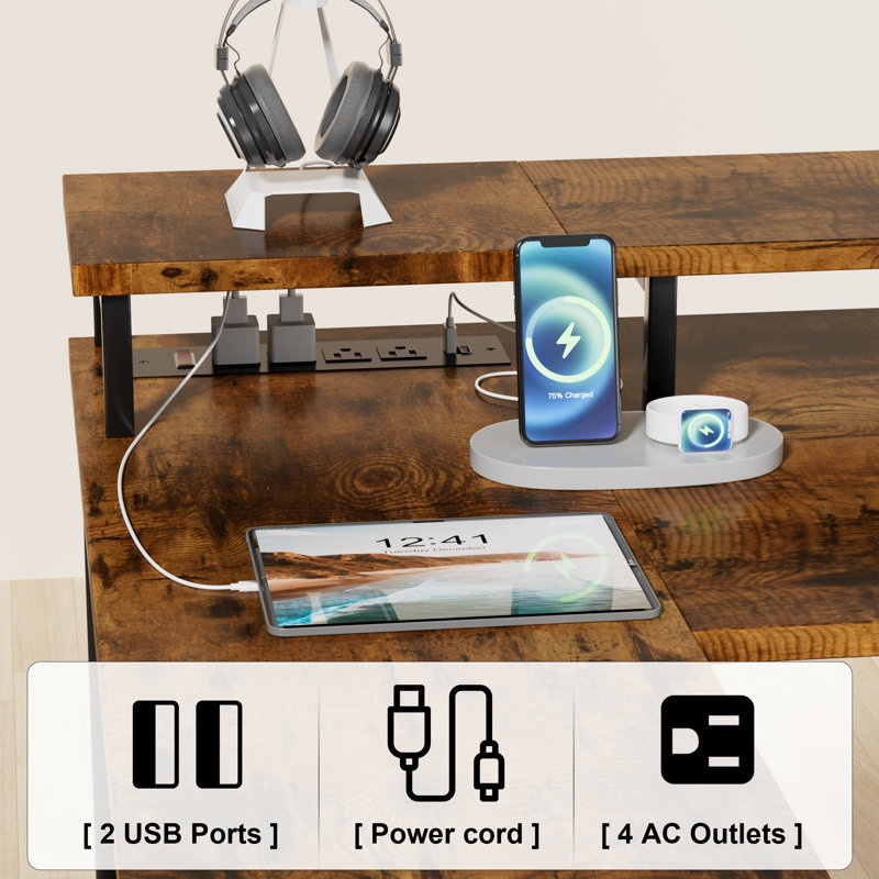 Katalina 48.4"Reversible L-Shaped Desk with LED with Power Outlets and Shelves, Brown