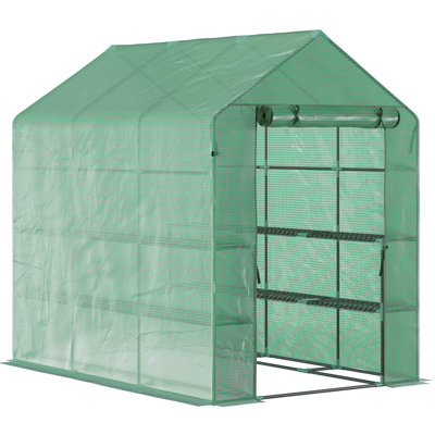 Serre de 7 pi x 5 pi x 6,5 pi, couverture en PE, structure en acier, 3 tablettes pour les gaules, fleurs, légumes - mauvaises herbes