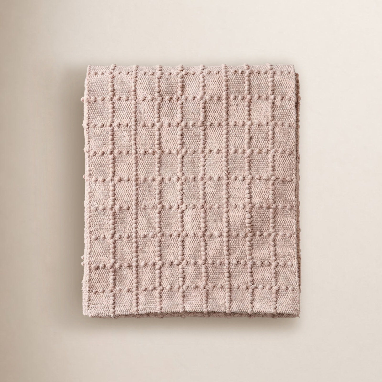 Blush Pink Plaid Hand-Loomed Cotton Bobble Mat