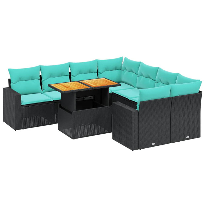 Ensemble de canapé de patio 9 pièces avec coussins en rotin de polyester, Bleu clair, Noir