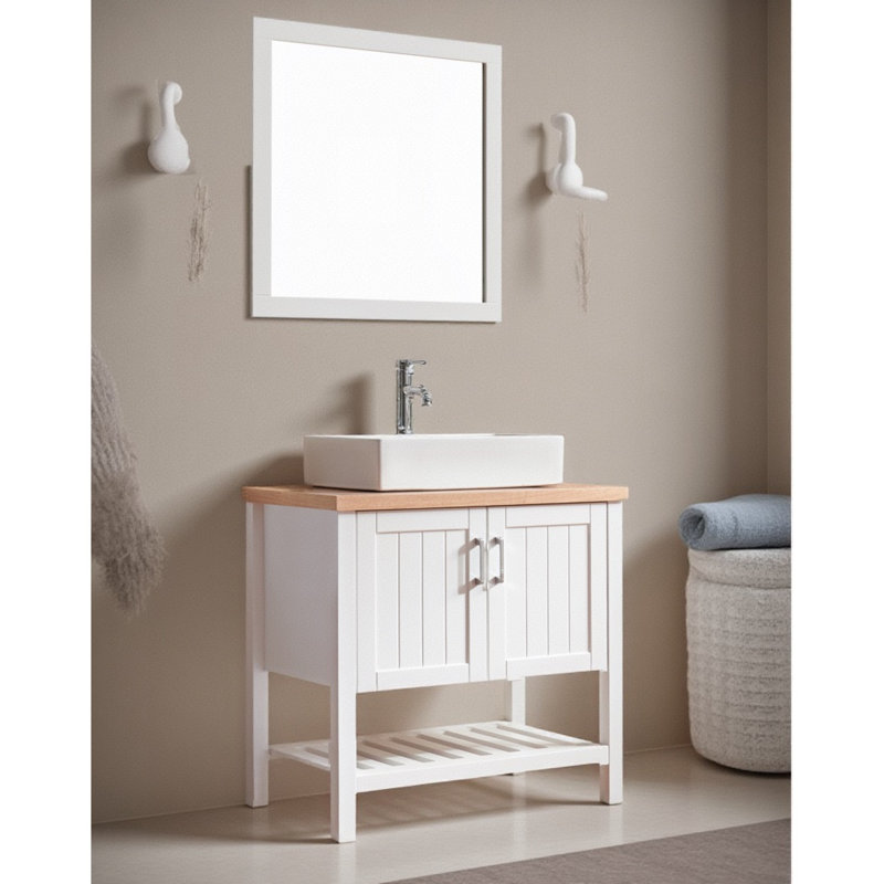 Conception moderne de meuble-lavabo en bois massif pour petite salle de bain avec lavabo artistique au-dessus du comptoir