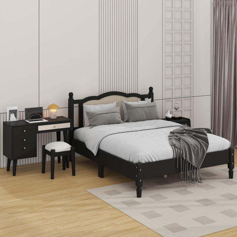 Ensemble de chambre à coucher 3 pièces avec cadre de lit en bois pleine grandeur, 1 table de chevet rétro et 1 coiffeuse de maquillage avec tabouret