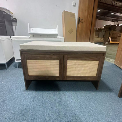 Pp Rattan Storage Bench With Faux Rattan 2 Doors And Cushion for Hallway Mudroom - Natural Finish