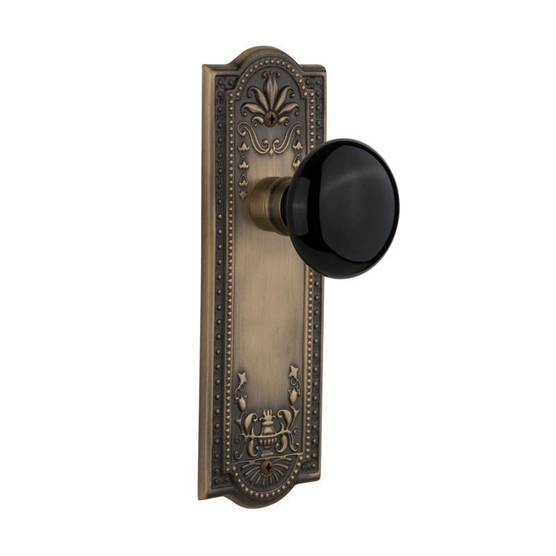 Meadows Plate with Black Porcelain Door Knob, Antique Brass, 2-3/4”
