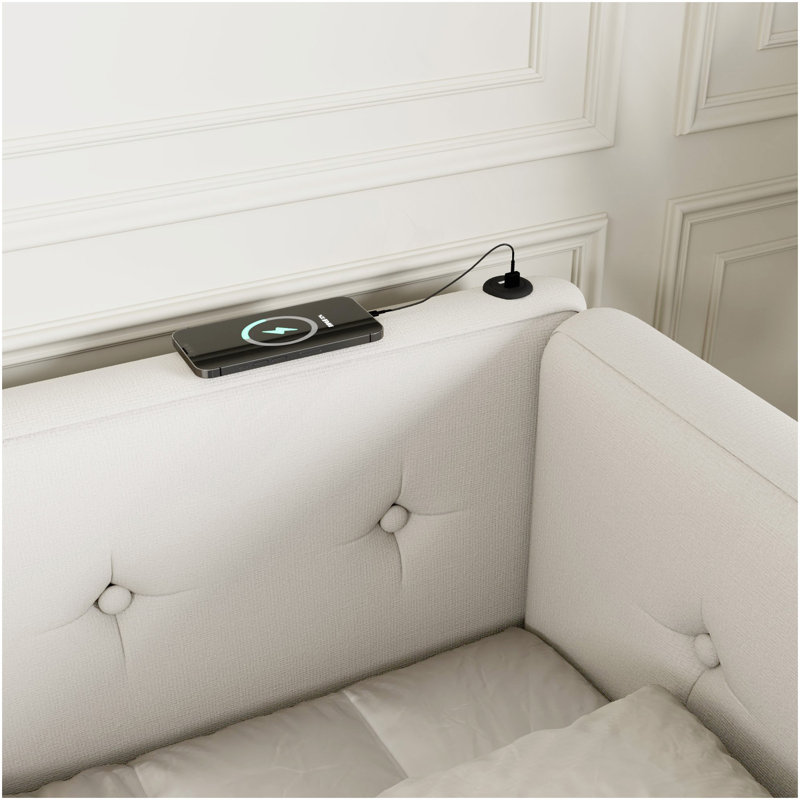 Lit plateforme tapissier grand avec ports USB, beige, Beige, Grand lit