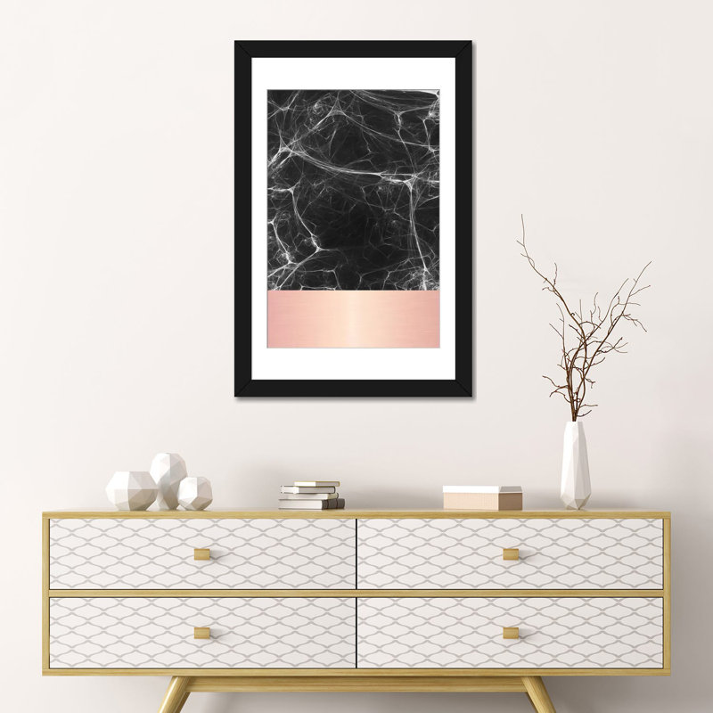 «Black Marble with Pink», impression sur toile, H 24 po x l 16 po x P 1 po, Papier d'art encadré noir, Blanc