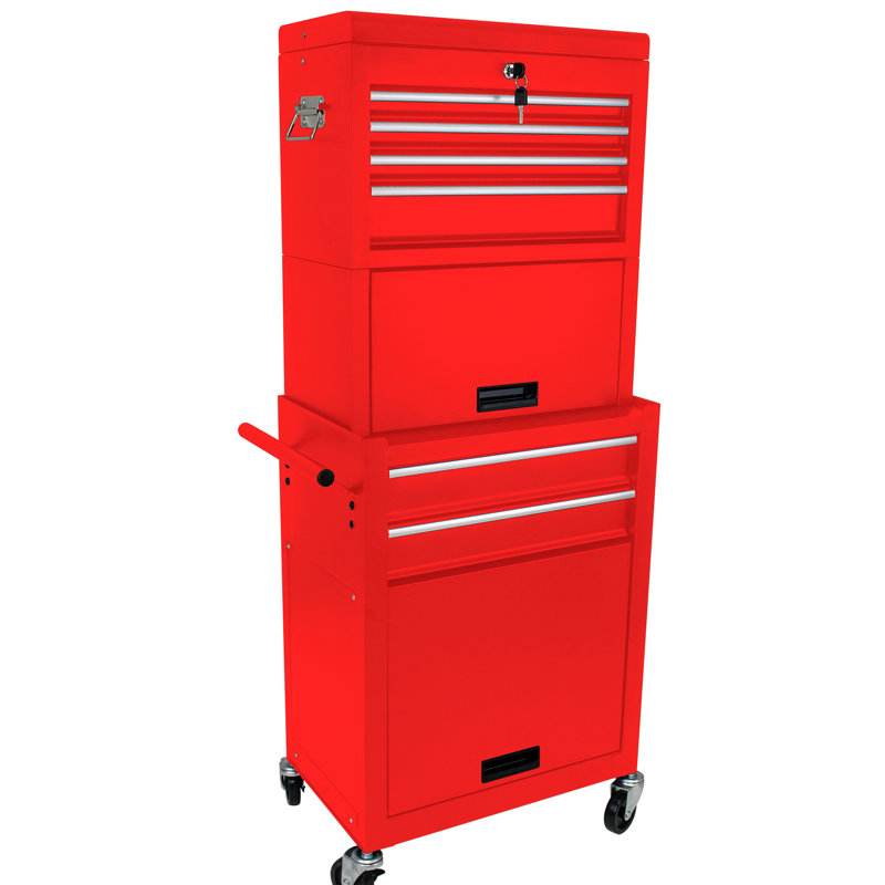 Coffre à outils verrouillable en métal à 6 roulettes - 4 roulettes, rouge pour atelier avec boîte de rangement amovible