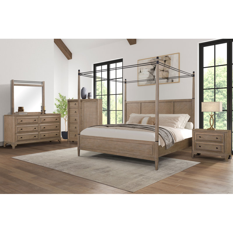Dana Heights Canopy Bed – Mindi Veneers, Modern Transitional Wood Frame Bed, Queen