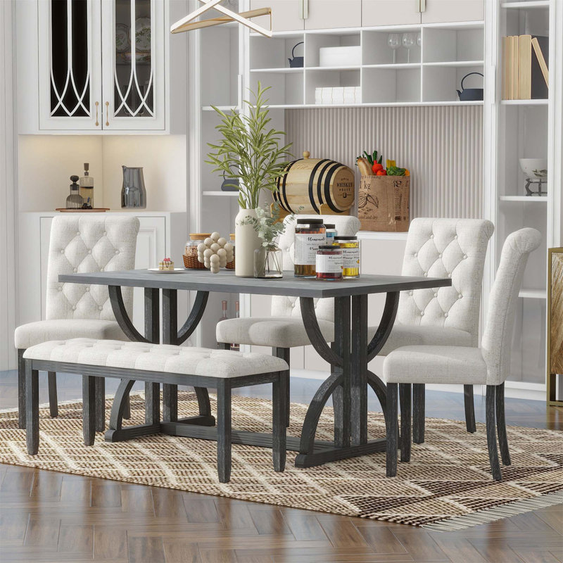 Modern Tillander Rectangular 6-Piece 59.8'' L x 35.8'' W Dining Set with Unique Legs Table and  4 Upholstered Chairs & 1 Bench,kitchen table set,dining table set,dining room set