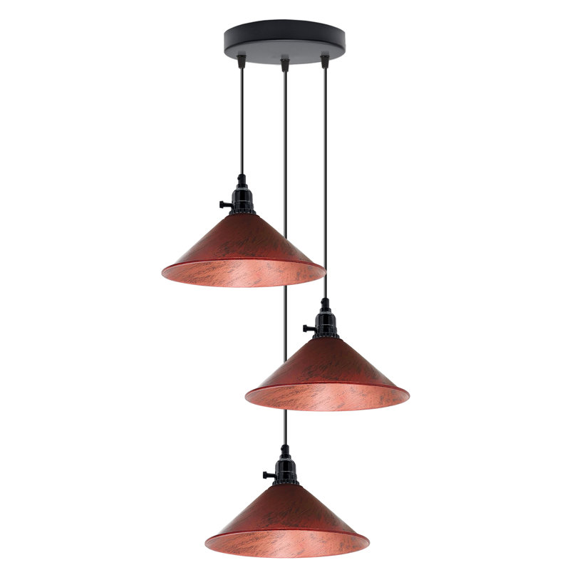 3-Light Cone Pendant Light – Industrial Kitchen Island Ceiling Fixture with Adjustable Height & E27 Bulbs, No, Rustic Red