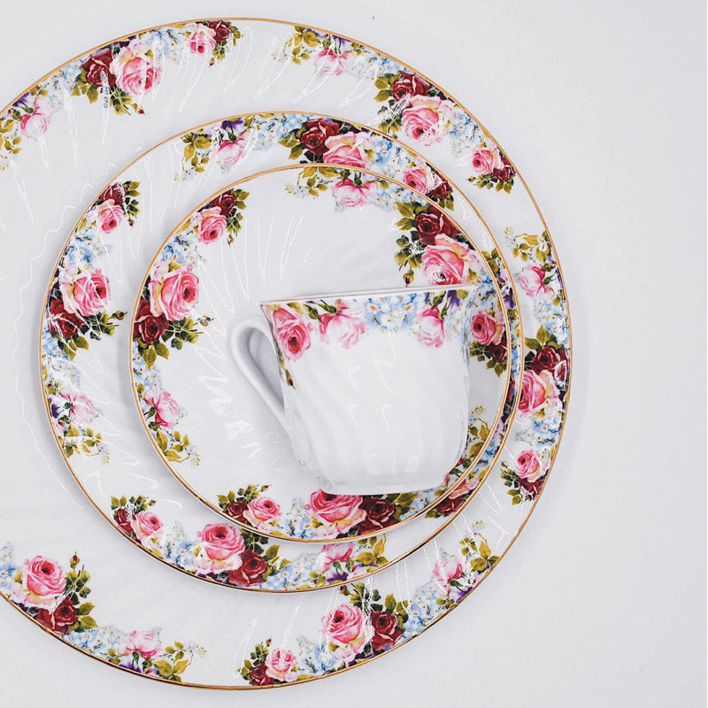 Priya 45 Piece Semi-Handmade Floral Porcelain Dinnerware Set with Gold Trim (Service for 8)