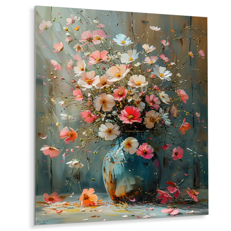 Rose et blanc, bouquet d'or dans un vase III - Buttercups, impression d'art mural, Métal métal, H 20 po x l 12 po x P 1 po