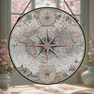 Vintage World Map Stained Glass Panels Suncatcher for Window Decor