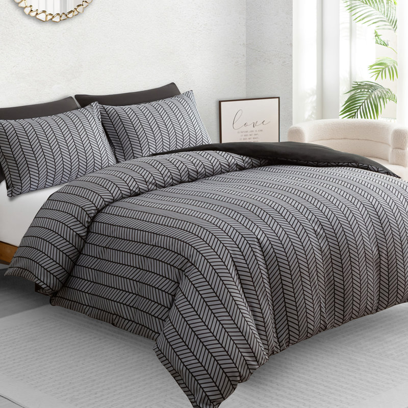 Luxury Double Brushed Microfiber Reversible Duvet Cover Set with Zipper Closure and Corner Ties, Black