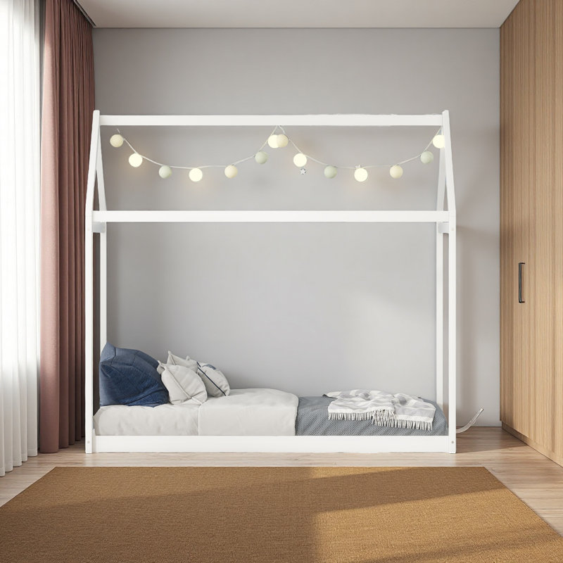 Twin Size Wooden House Bed, White