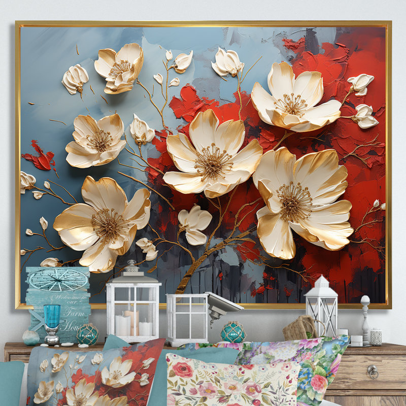 Or et pétales de tournesol beauté - Art mural floral abstrait, Cadre flottant doré, H 12 po x l 20 po x P 1 po