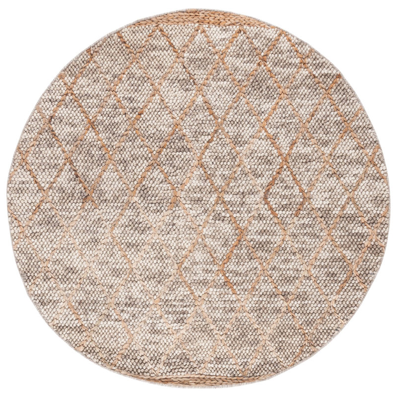 Fabeha Hand Woven Wool/Cotton Geometric Rug in Brown/Natural, Round 6'