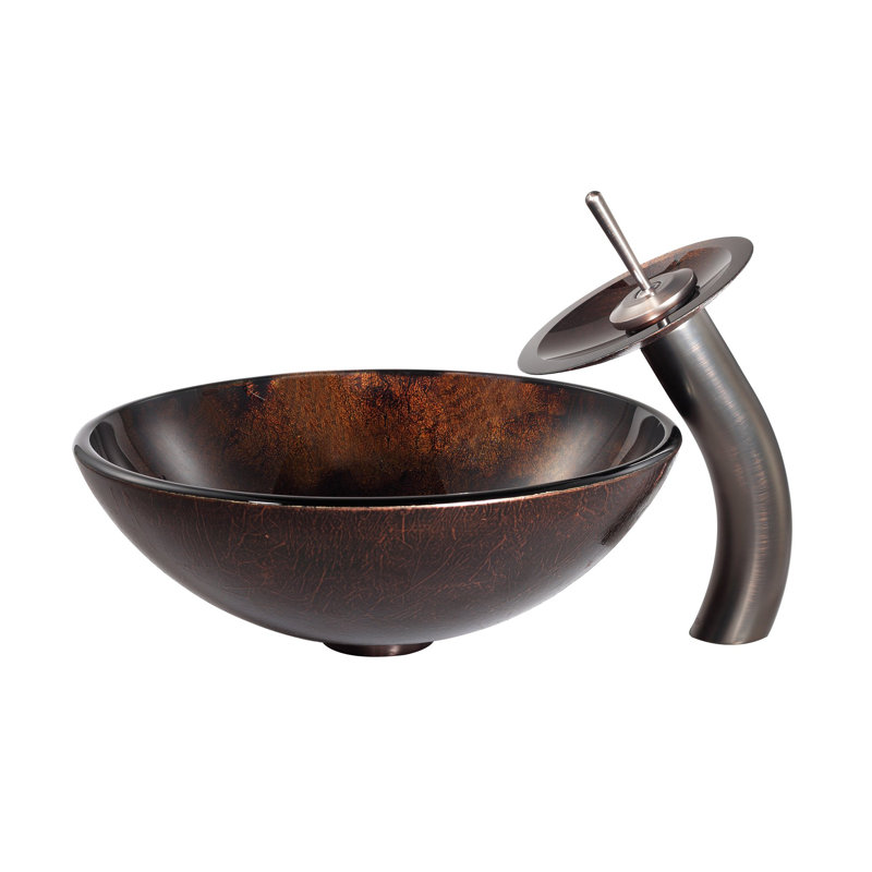 Glass Circular Vessel Bathroom Sink with Faucet, Oil Rubbed Bronze