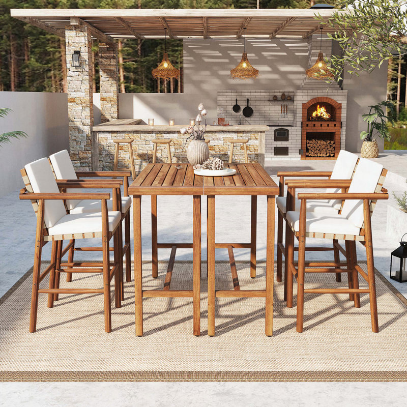 Ensemble de bar 6 pièces en bois d'acacia avec deux tables et quatre tabourets