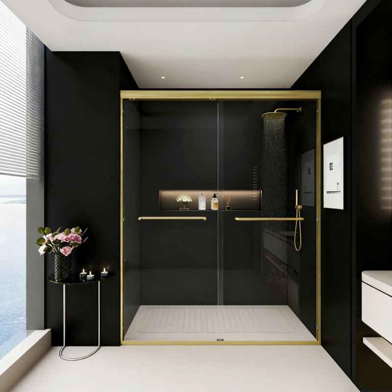 Shower Door, Semi-Frameless Bathroom Sliding Door For Shower, Brushed Gold