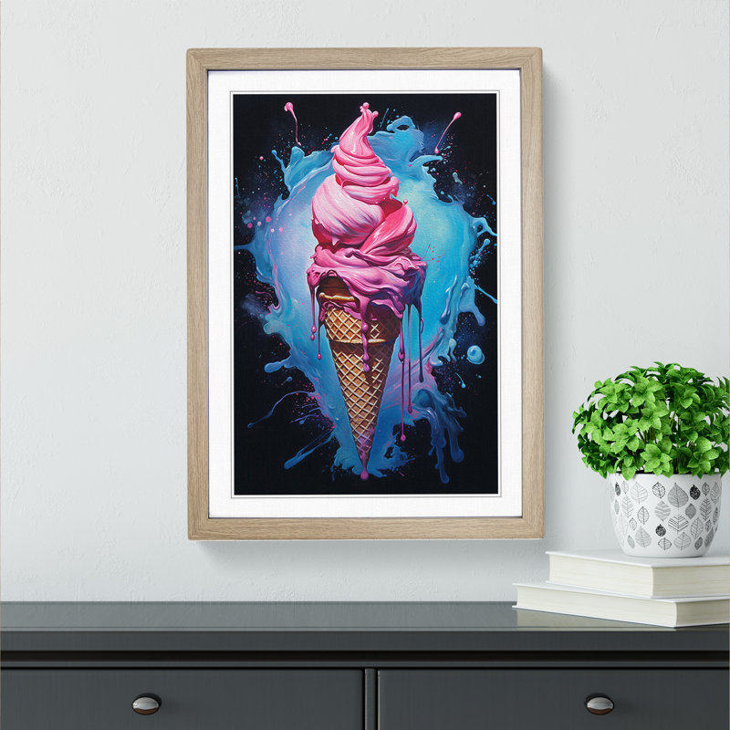Ice Cream Gestural - Single Picture Frame Print on Wood, 34cm H x 25cm W x 2cm D, Oak