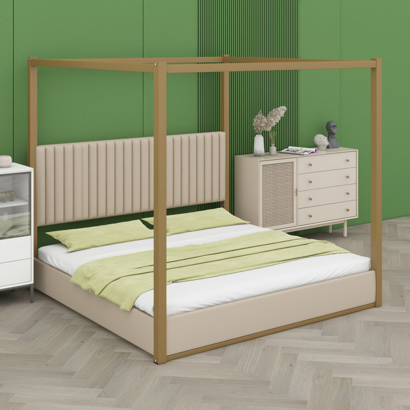 Base de lit à baldaquin contemporaine avec tête de lit coussinée et silhouette épurée, Beige