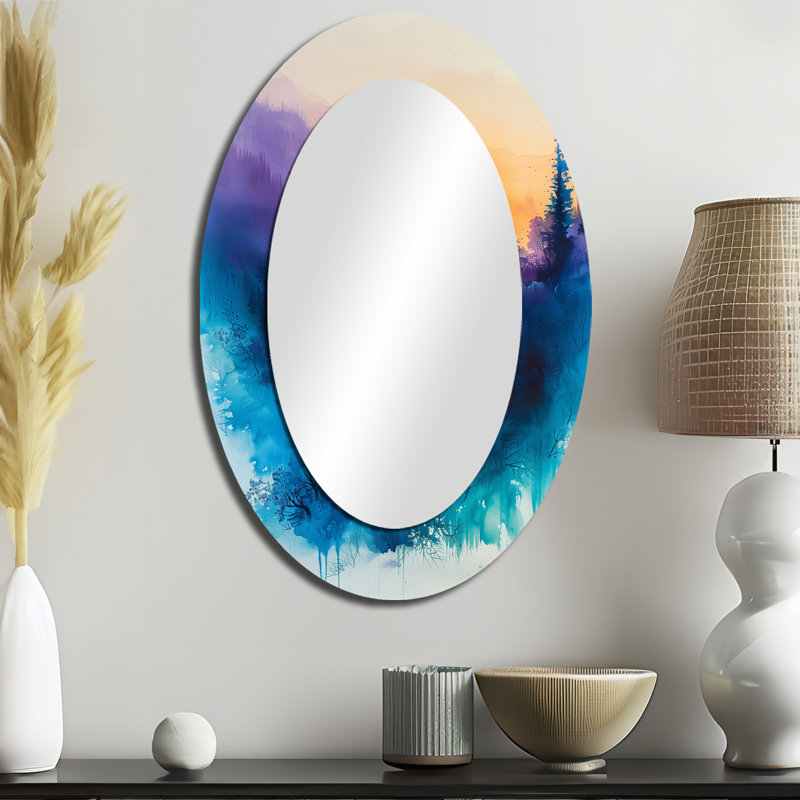 Black Blue Mountain Landscape Summer Beauty - Landscapes Oval Decorative Mirror On Metal, 36" x 24"