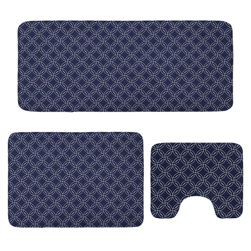  Navy Blue Bathroom Rug Set 3 Pieces U-Shape & Rectangle Mats Navy Blue White
