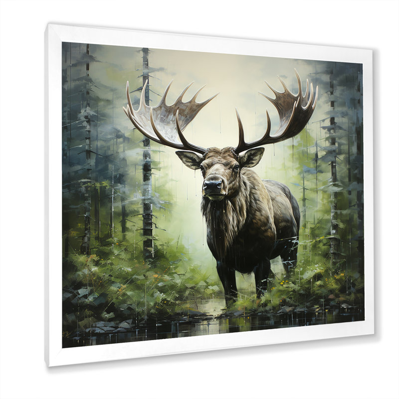 Mystic Moose In Forest III - Moose, art mural, Cadre photo blanc, H 30 po x l 30 po x P 1,5 po