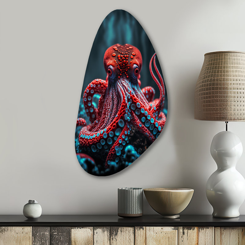 Pieuvre rouge sur l'océan, plancher IV - Animal Octopus forme d'automne, art mural en métal, H 31 po x l 17 po