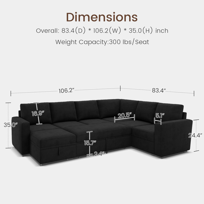 Niyona U Shaped Sleeper Sectional Modular Sofa Bed With Storage Chaise, Black Velvet