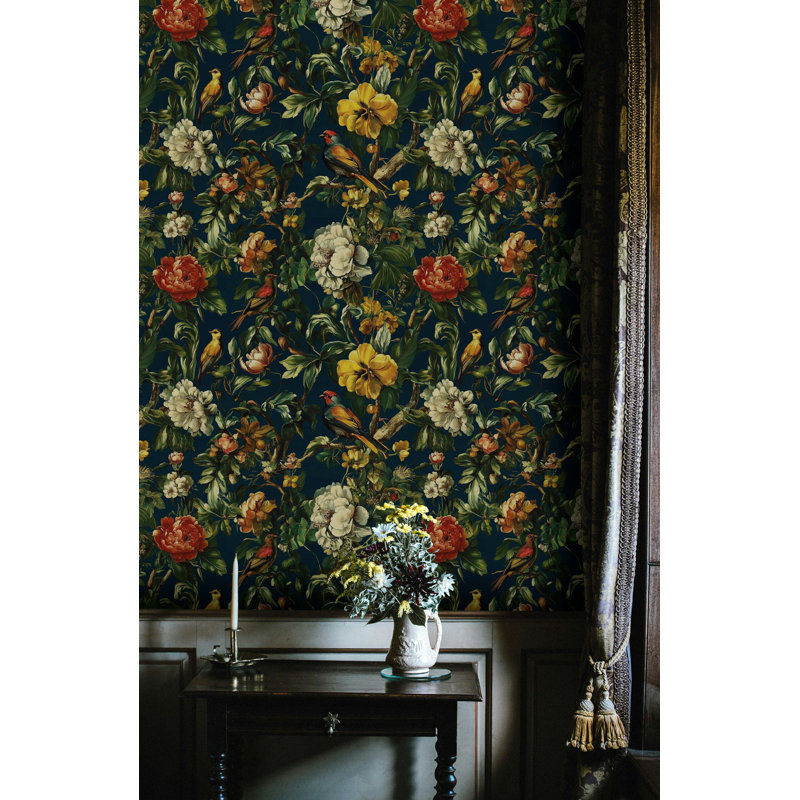 Papier peint adhésif avec oiseaux exotiques et motif floral richement détaillé
