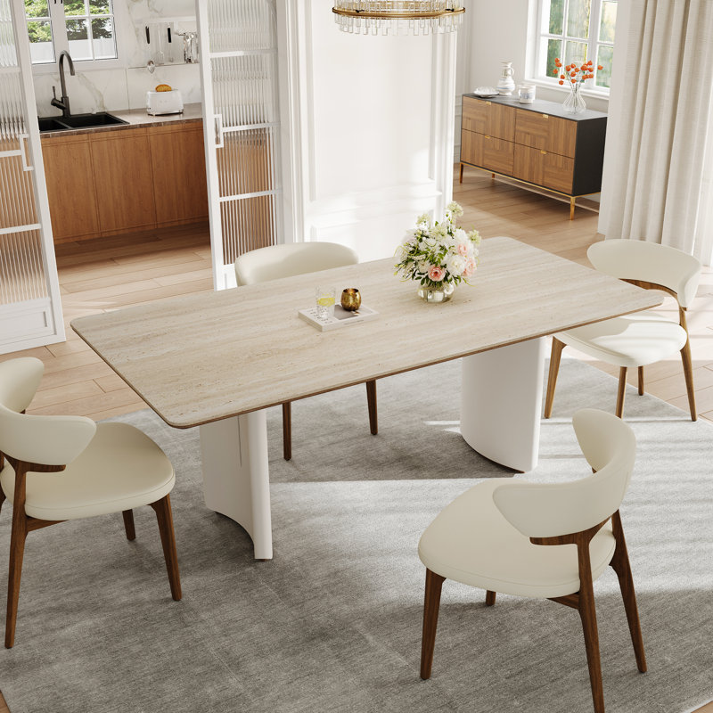 Howze 63" Modern Retangular Beige Dining Table Set With 4 Faux Leather Dining Chairs,