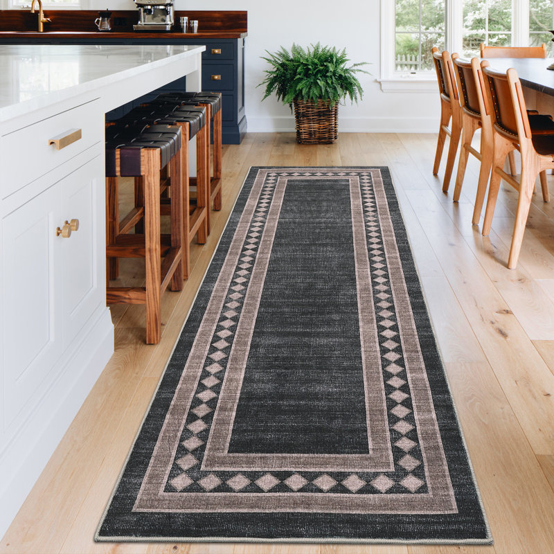 Hallway Washable Runner Rug 2x6 Modern Geometric Area Rug with Non Slip Backing, Low Pile & Stain Resistant Kitchen Runner Carpet for Entryway Bedroom Bathroom Laundry, Black Brown