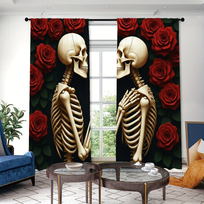 2Pcs Skeleton Love Curtains, Red Rose Floral Pattern, Rod Pocket Light Filtering, Gothic Romance Style, All-Season For Living Room Bedroom Window Decor
