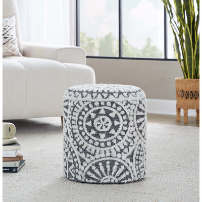 Repose-pieds de rangement de 18 po en laine noire et ivoire tissée à la main avec motif touffeté et noué